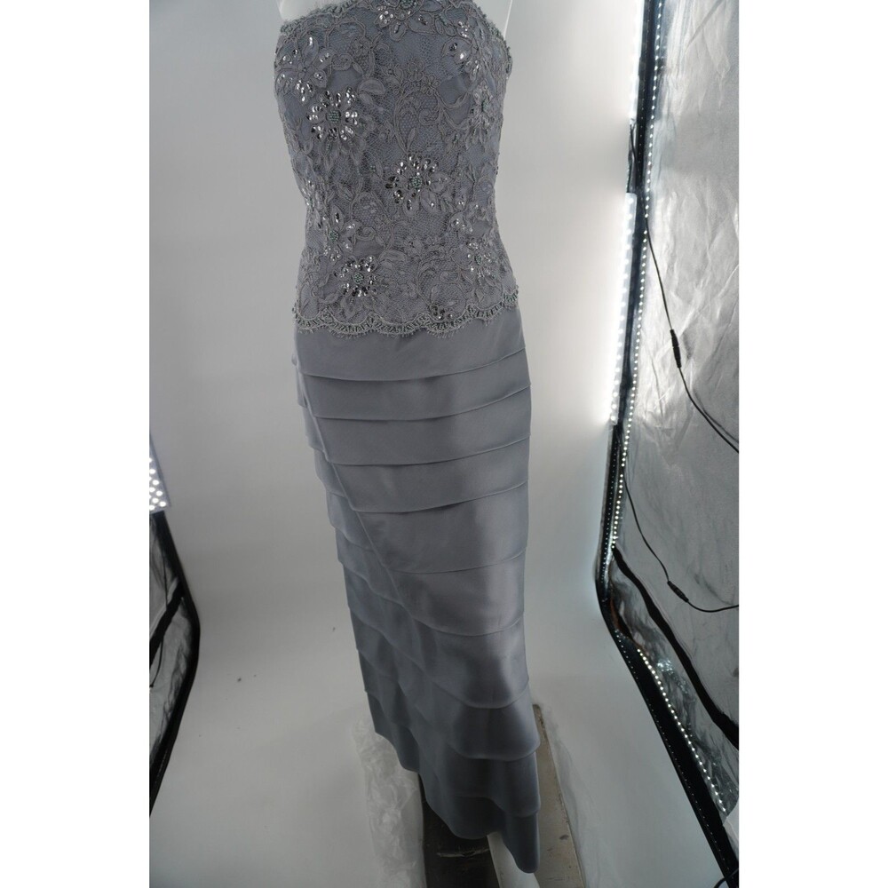 Jovani Gray Silver Strapless Lace Sequin Bodice Tiered Column Evening Gown Sz 14
